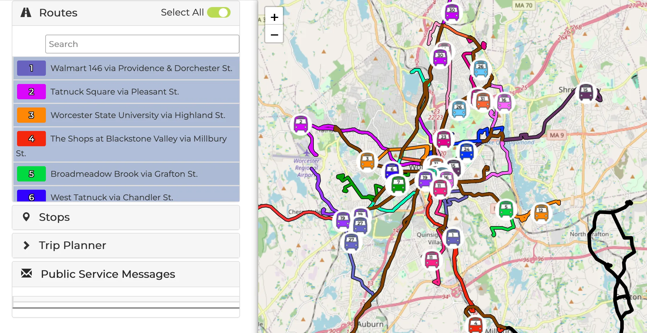 Worcester's bus tracker, showing a list of routes on the left, and a map containing route lines and vehicle positions on the right