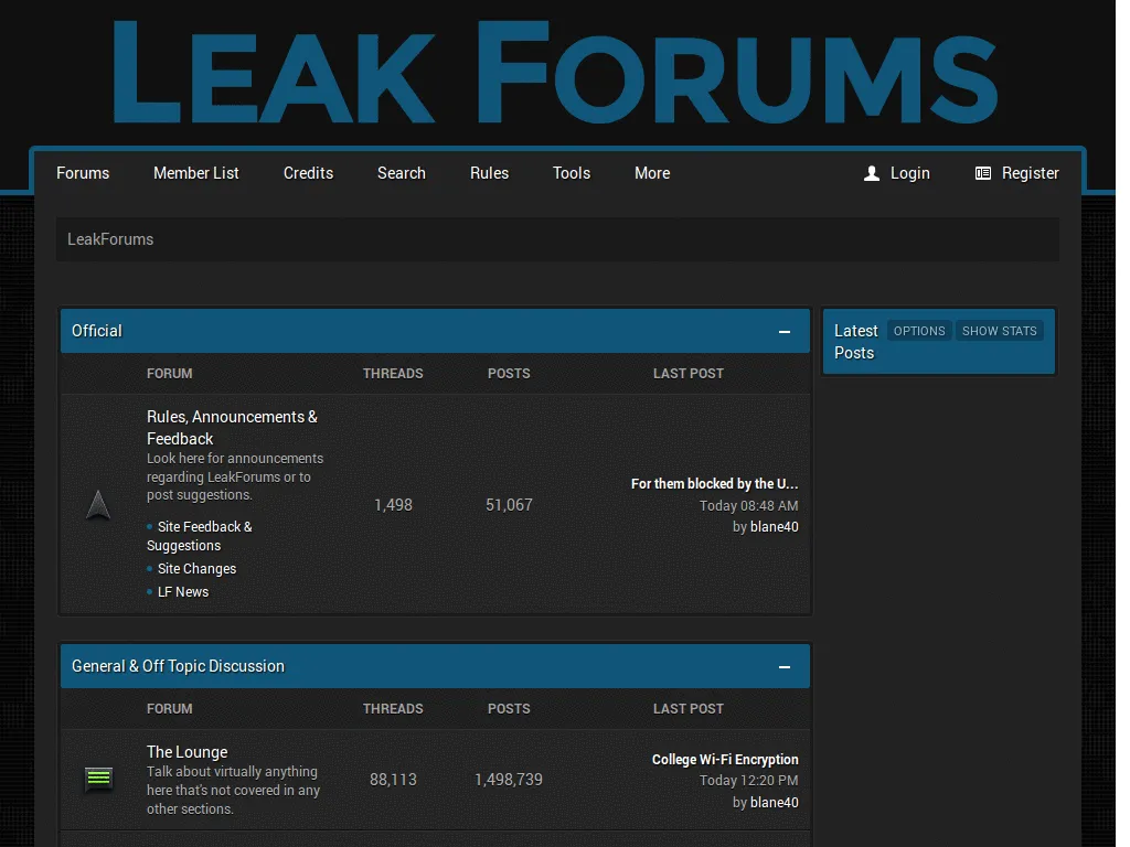 A screenshot of the LeakForums homepage