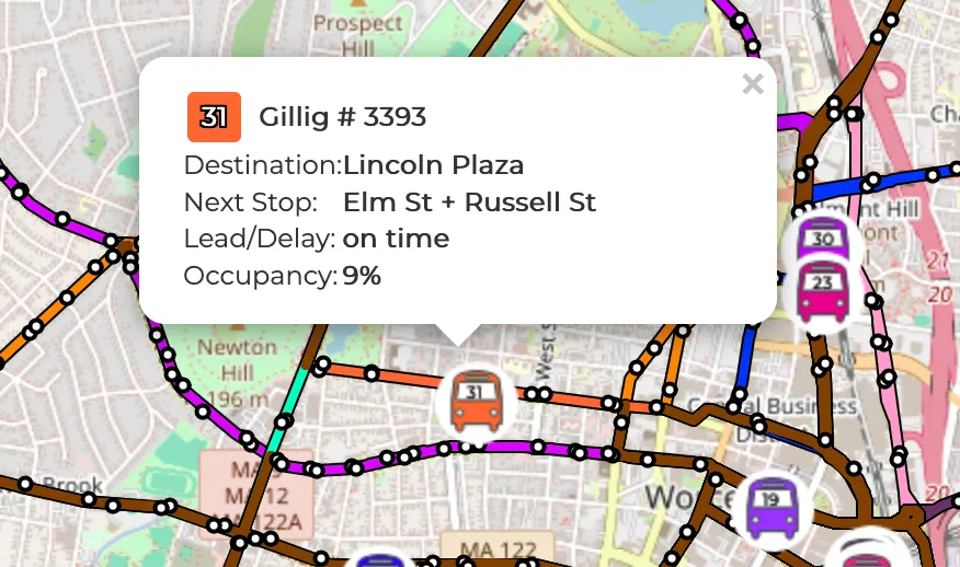 Worcester's bus tracker, showing a popup upon clicking a vehicle. It reads "Gillig # 3393 / Destination: Lincoln Plaza / Next Stop: Elm St + Russell St / Lead/Delay: on time / Occupancy: 9%"